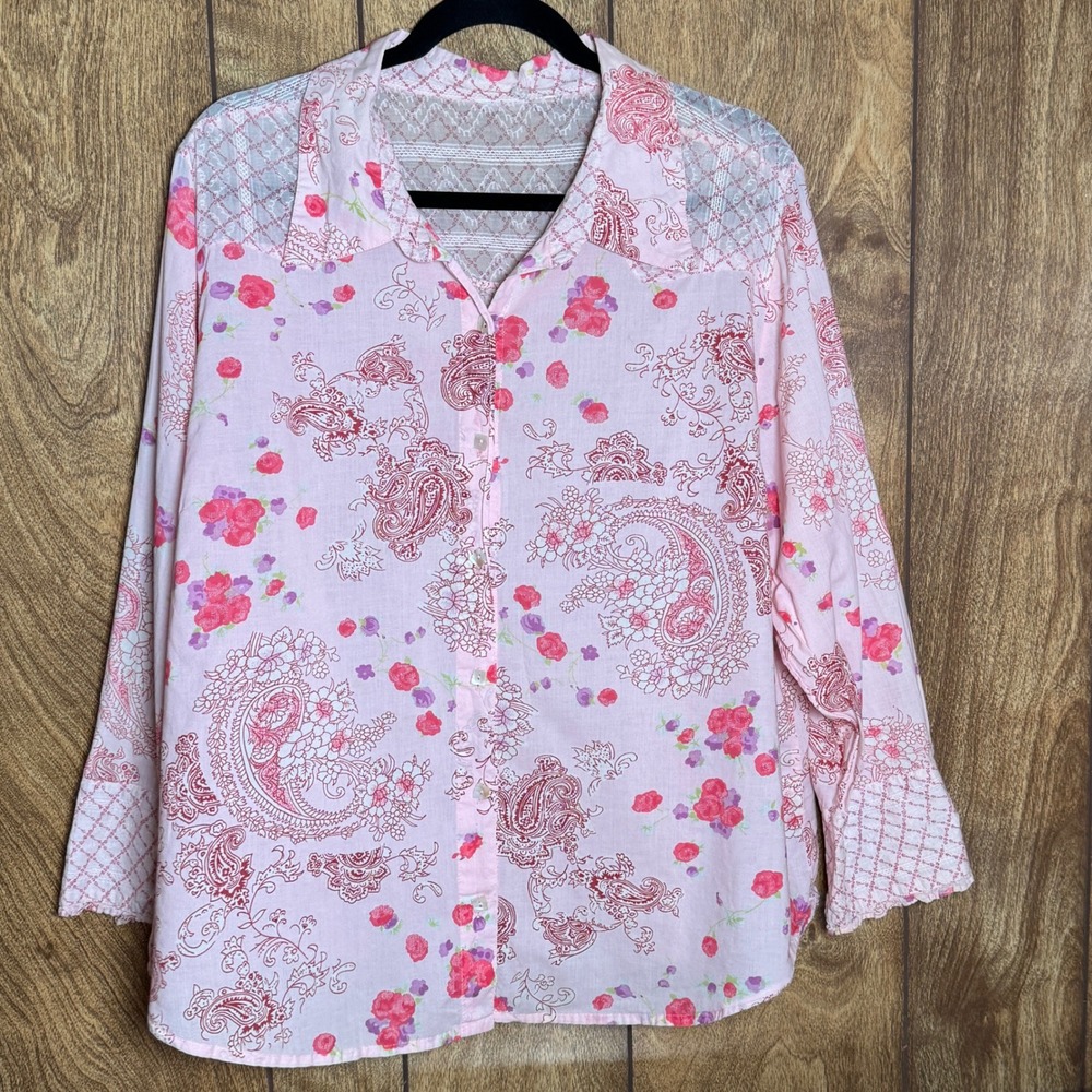 Cato Pink Button Blouse Top Floral Paisley Print Feminine Chic 100% Cotton XL